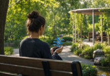 Top 10 Mental-Health-Startups in Deutschland, Europa und den USA Person von hinten hält eine kleine Pflanze auf einer Parkbank im sonnigen Stadtpark.