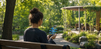 Person von hinten hält eine kleine Pflanze auf einer Parkbank im sonnigen Stadtpark.
