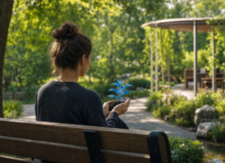 Person von hinten hält eine kleine Pflanze auf einer Parkbank im sonnigen Stadtpark.