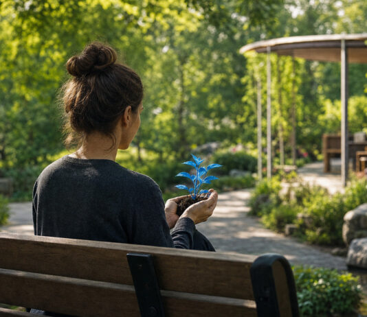 Person von hinten hält eine kleine Pflanze auf einer Parkbank im sonnigen Stadtpark.