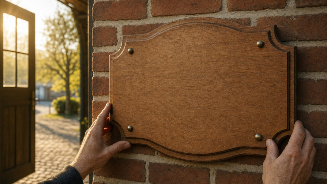 Hände montieren ein Holzschild am Vereinsheim im warmen Nachmittagslicht