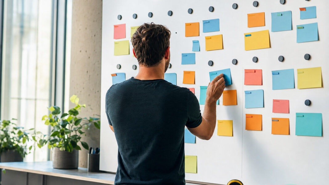 Projektmanagement für Startups Gründer ordnet Projektkarten an einer Magnetwand im Tageslicht