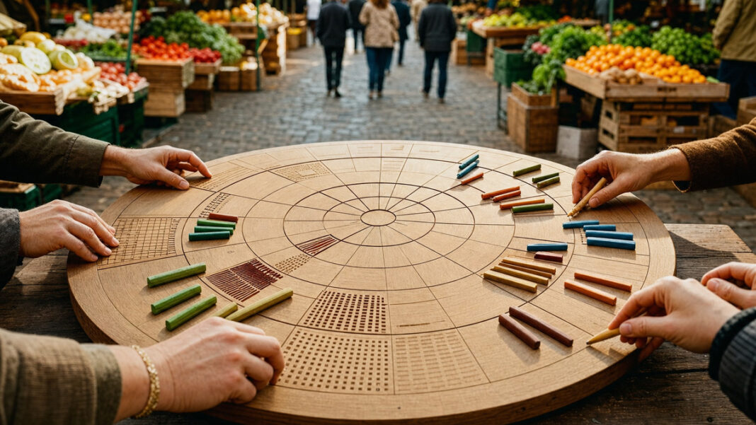 Marktsegmentierung am Wochenmarkt Hände prüfen eine segmentierte Kreisscheibe vor einem Wochenmarkt