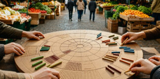 Hände prüfen eine segmentierte Kreisscheibe vor einem Wochenmarkt