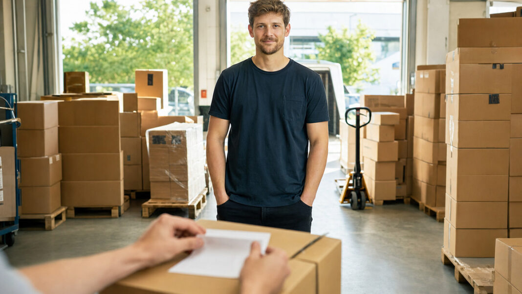 Dropshipping Einstieg Fulfillment Gründer in Warenannahme mit gestapelten Kartons und einem Paket mit Etikett im warmen Tageslicht