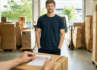 Dropshipping: Euer Leitfaden für den Einstieg und Erfolg Gründer in Warenannahme mit gestapelten Kartons und einem Paket mit Etikett im warmen Tageslicht