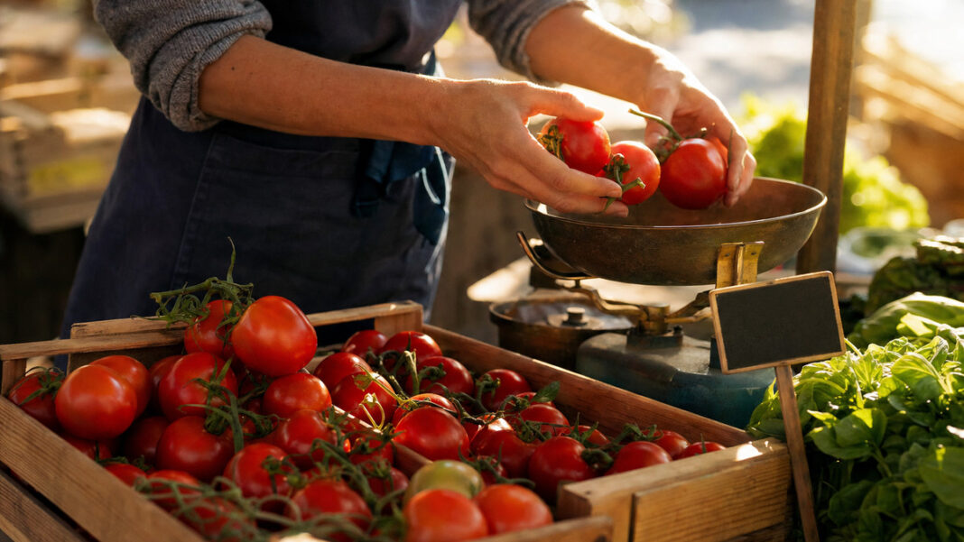 Hände legen Tomaten an einem kleinen Marktstand in eine Waage, frisches Morgenlicht