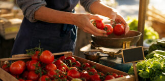 Hände legen Tomaten an einem kleinen Marktstand in eine Waage, frisches Morgenlicht