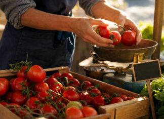 Kleinunternehmerregelung 2026: Alles, was du wissen musst Hände legen Tomaten an einem kleinen Marktstand in eine Waage, frisches Morgenlicht