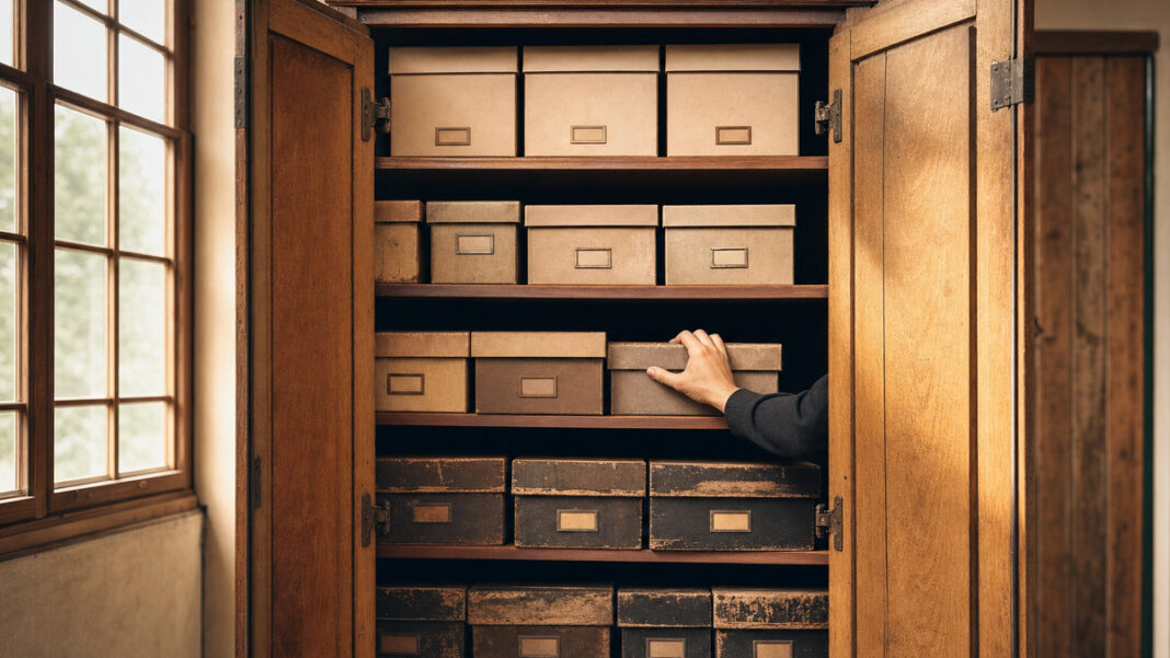 Aufbewahrungsfristen Archiv Geöffneter Archivschrank mit geordneten Ablageboxen, eine Hand sortiert sie im warmen Seitenlicht.