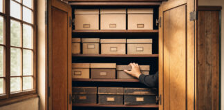 Geöffneter Archivschrank mit geordneten Ablageboxen, eine Hand sortiert sie im warmen Seitenlicht.