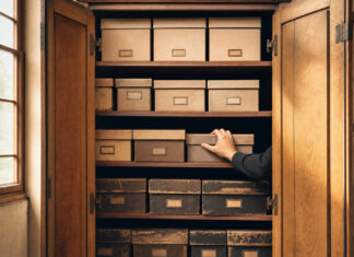 Geöffneter Archivschrank mit geordneten Ablageboxen, eine Hand sortiert sie im warmen Seitenlicht.
