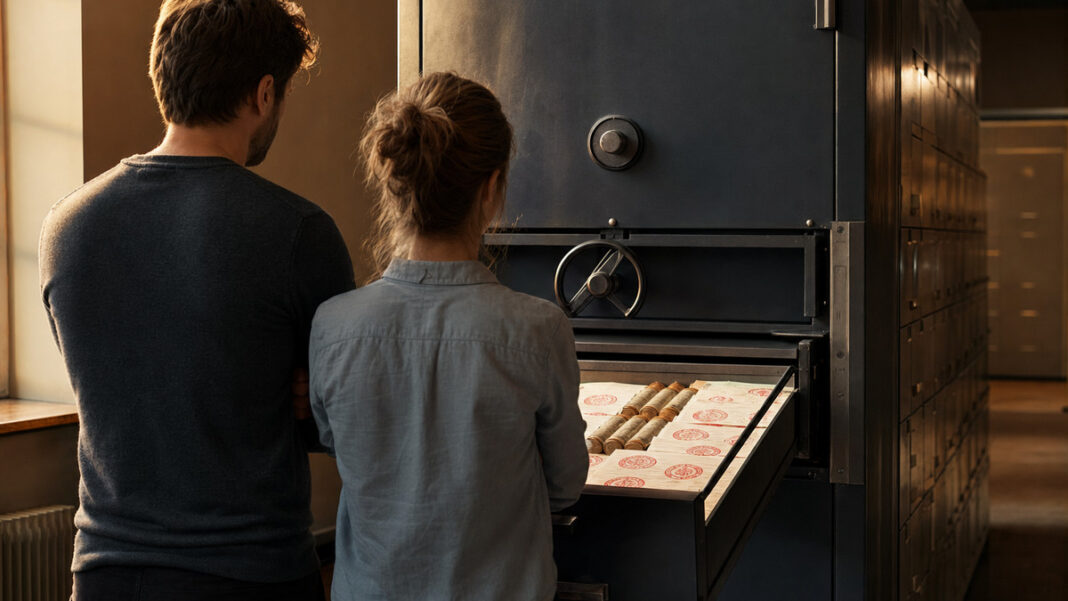 Finanzamt und Startups Gründerpaar von hinten vor Tresorschrank mit Stempelabdrücken und Münzrollen im Licht