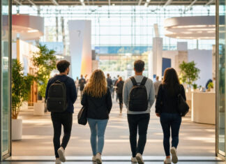 Gründerteam betritt den Eingang einer hellen Messehalle mit Startup-Messeaufbau.