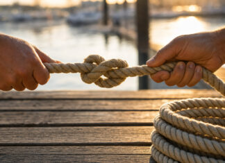 Freizeitausgleich bei Überstunden: Rechte, Pflichten und Praxisbeispiele Hände lösen einen Segelknoten an einem Seil am Hafensteg im warmen Abendlicht.