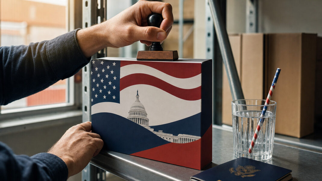 W-8 Formular im Exportunternehmen Hände stempeln US-Steuerformular neben Reisepass im Regal bei natürlichem Licht