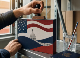 Hände stempeln US-Steuerformular neben Reisepass im Regal bei natürlichem Licht