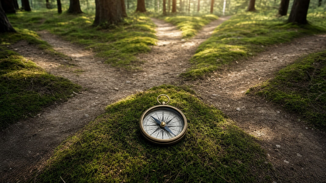 Suchmaschinen-Alternativen Handkompass an einer Wegkreuzung im Wald mit mehreren abzweigenden Pfaden