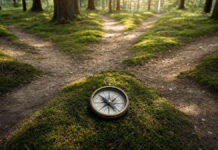Handkompass an einer Wegkreuzung im Wald mit mehreren abzweigenden Pfaden