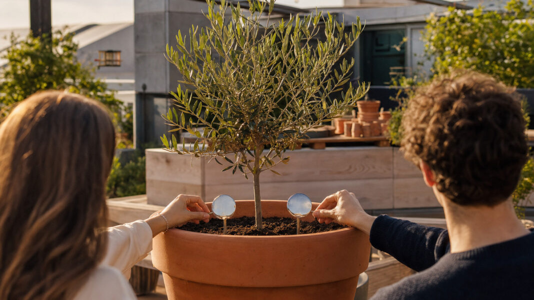 Beteiligung am Startup Zwei Personen stecken Metallmarken neben einen jungen Olivenbaum im Topf auf einer Dachterrasse.