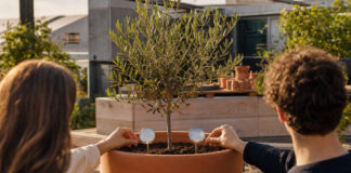 Zwei Personen stecken Metallmarken neben einen jungen Olivenbaum im Topf auf einer Dachterrasse.