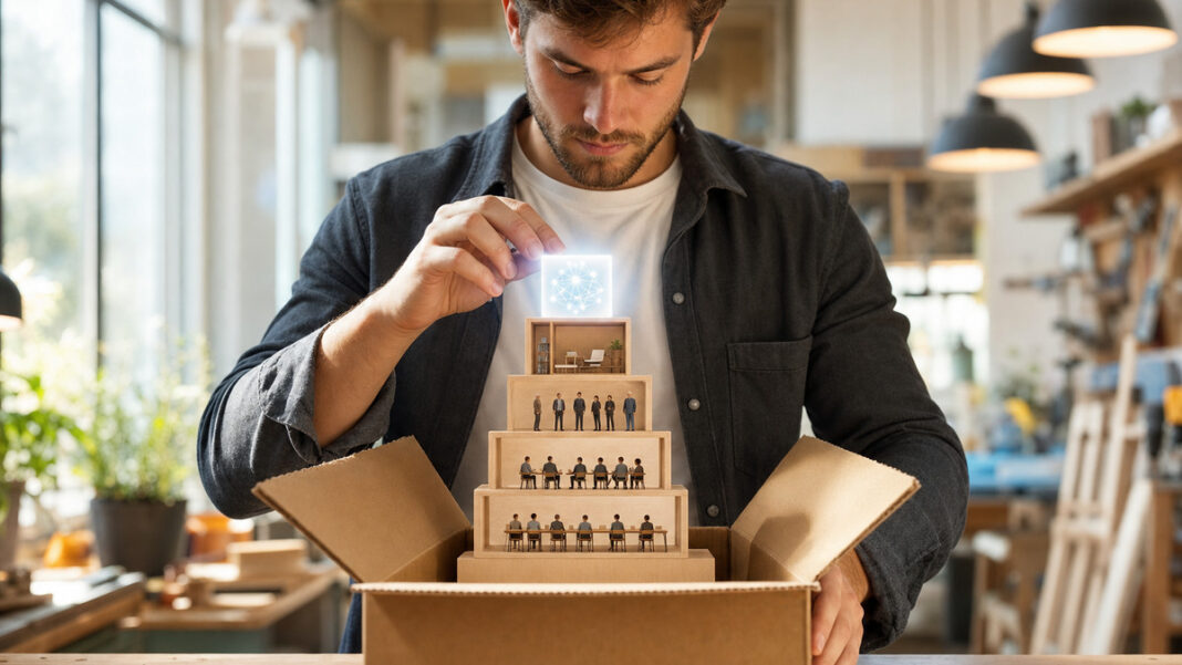 KI-Businessplan als Baustein Gründer setzt ein leuchtendes KI-Modul in eine Miniatur-Strategie aus Bausteinen ein