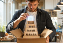 Businessplan erstellen mit KI: Schritt-für-Schritt-Anleitung und die besten Businessplan-Generatoren Gründer setzt ein leuchtendes KI-Modul in eine Miniatur-Strategie aus Bausteinen ein