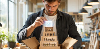 Gründer setzt ein leuchtendes KI-Modul in eine Miniatur-Strategie aus Bausteinen ein