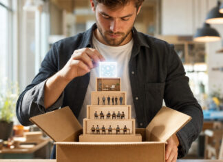 Gründer setzt ein leuchtendes KI-Modul in eine Miniatur-Strategie aus Bausteinen ein