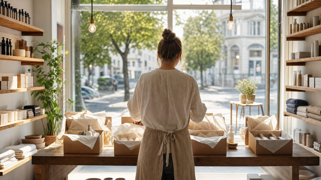Person verpackt Produkte in einem hellen Ladengeschäft mit Schaufenster
