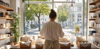 Person verpackt Produkte in einem hellen Ladengeschäft mit Schaufenster