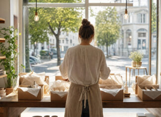 Person verpackt Produkte in einem hellen Ladengeschäft mit Schaufenster