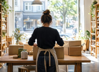 Eine Person verpackt von hinten gesehen Produkte in einem hellen Ladengeschäft mit Schaufenster