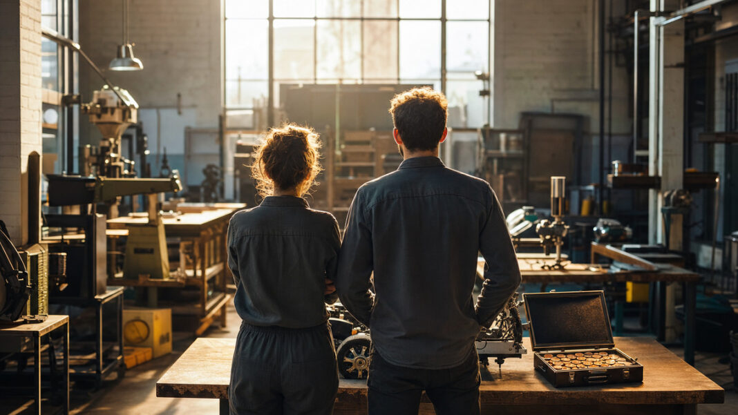 Gründerpaar vor Werkstatt mit Prototypen und geöffnetem Koffer voller Münzen