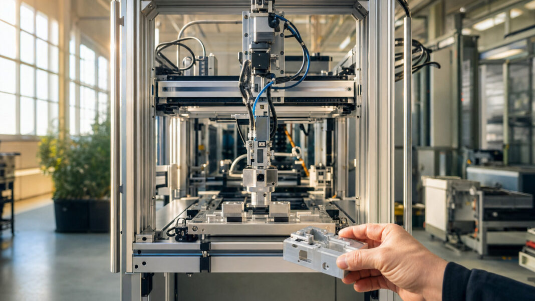 Modulare Roboterzelle in einer Halle, eine Hand legt einen Baustein in die Anlage.