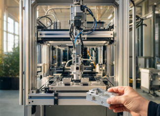 Modulare Roboterzelle in einer Halle, eine Hand legt einen Baustein in die Anlage.