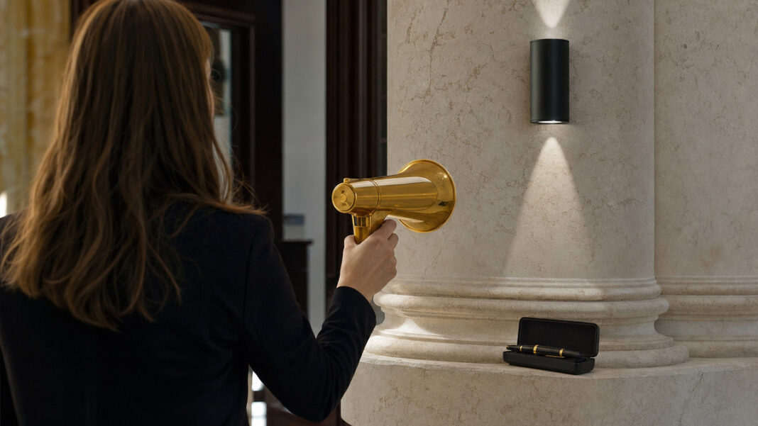 Hustle Detection AI Person von hinten mit goldenem Megafon neben schlichter Steinsäule im Tageslicht