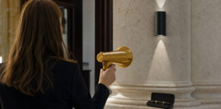 Person von hinten mit goldenem Megafon neben schlichter Steinsäule im Tageslicht