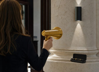 Person von hinten mit goldenem Megafon neben schlichter Steinsäule im Tageslicht