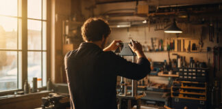Person von hinten montiert in einer Werkstatt einen Prototypen bei warmem Tageslicht.