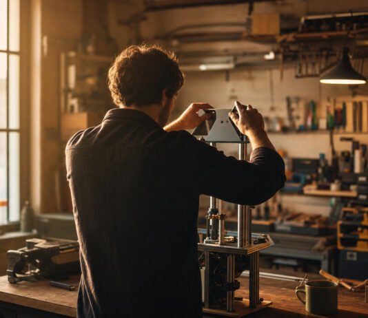 Person von hinten montiert in einer Werkstatt einen Prototypen bei warmem Tageslicht.