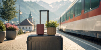 Koffer, Reisepass und Pflanze auf einem Bahnsteig mit ankommendem Zug vor Alpen