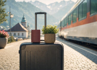 Koffer, Reisepass und Pflanze auf einem Bahnsteig mit ankommendem Zug vor Alpen