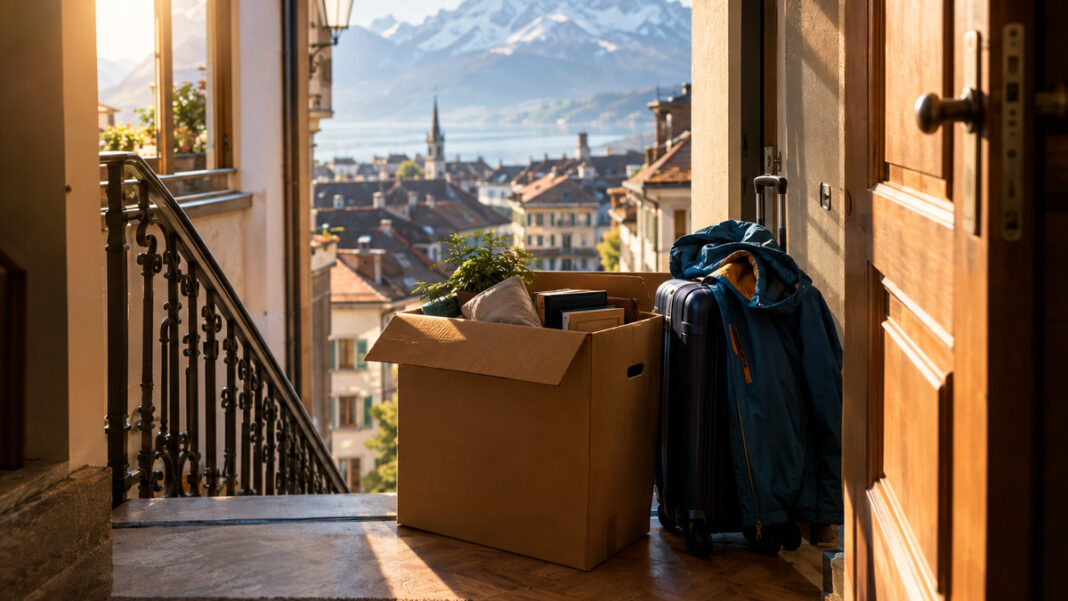 Halb gepackter Umzugskarton, Koffer und offene Wohnungstür mit Bergblick