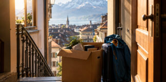 Halb gepackter Umzugskarton, Koffer und offene Wohnungstür mit Bergblick