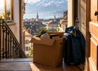 Halb gepackter Umzugskarton, Koffer und offene Wohnungstür mit Bergblick