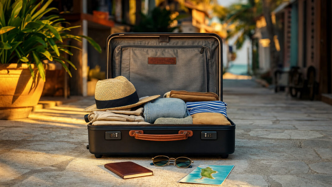 Auswandern nach Thailand Offener Reisekoffer mit Pass und Sonnenbrille vor einer tropischen Gasse mit Palmen
