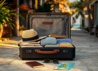 Offener Reisekoffer mit Pass und Sonnenbrille vor einer tropischen Gasse mit Palmen