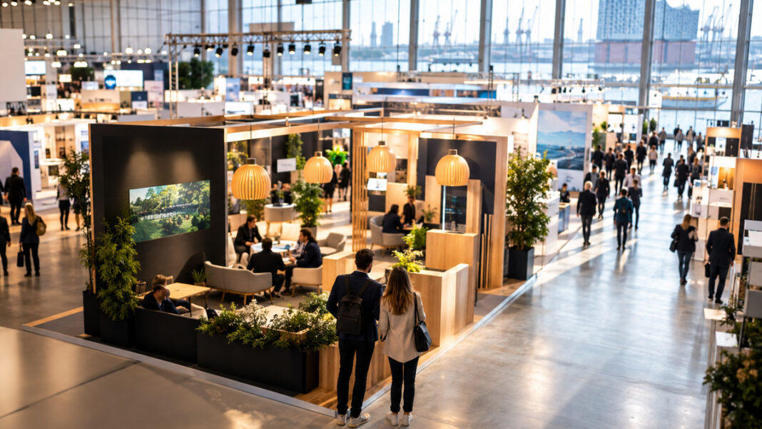 OMR Festival 2026 in der Messehalle Blick in eine Messehalle mit Gründerpaar von hinten und beleuchteten Messeständen im Tageslicht.