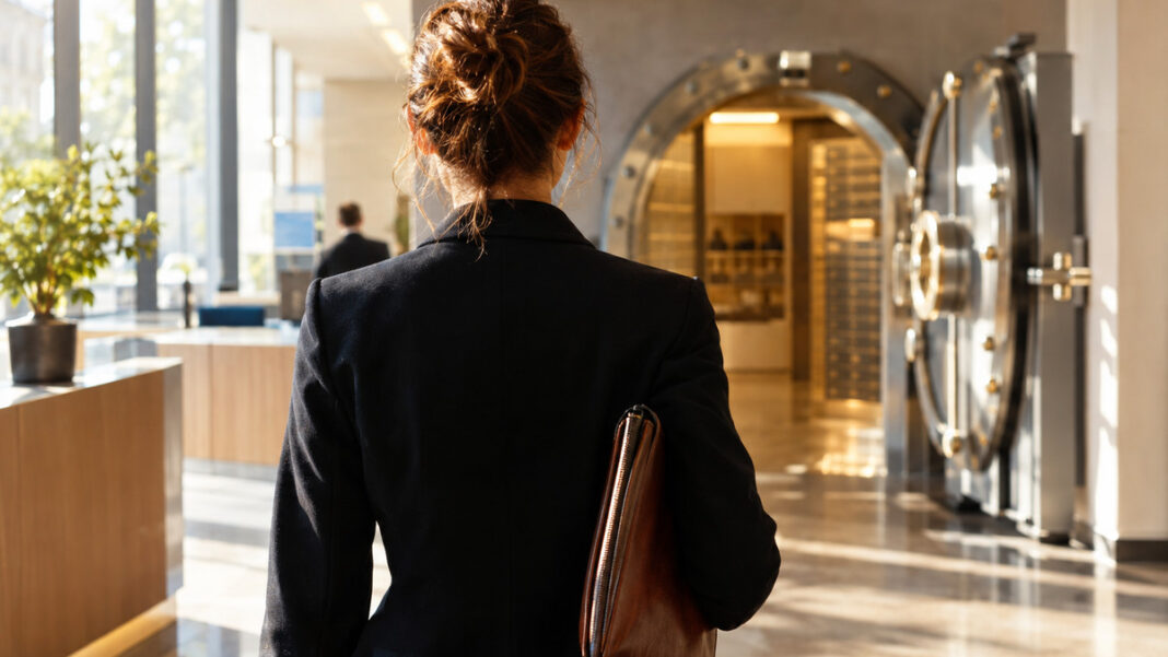 Auf dem Weg zum Banktermin Gründerin betritt mit Ledermappe eine Bankfiliale